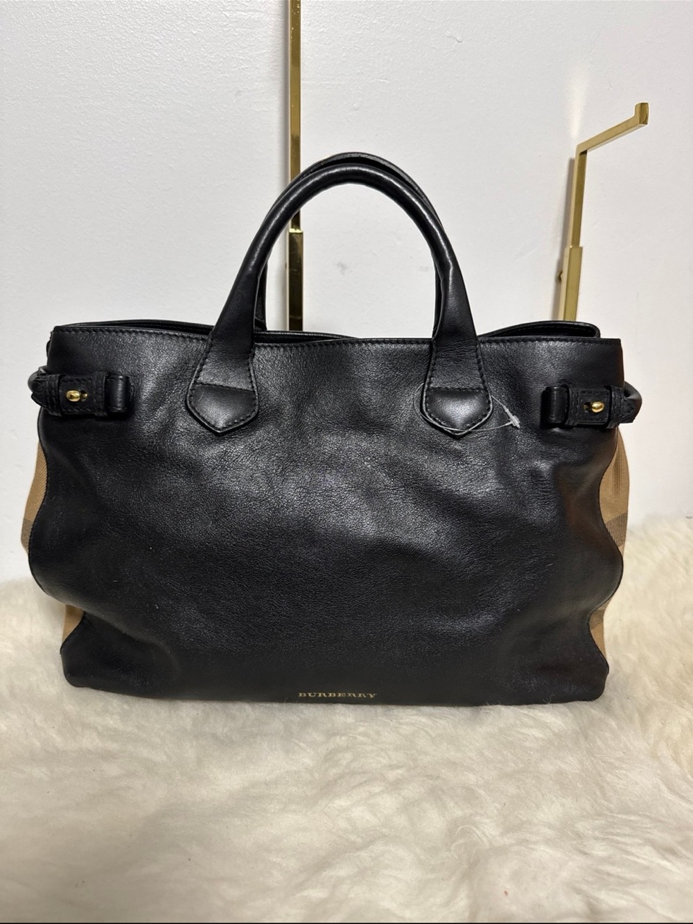 Burberry Black Leather Tote with Haymarket Check Sides